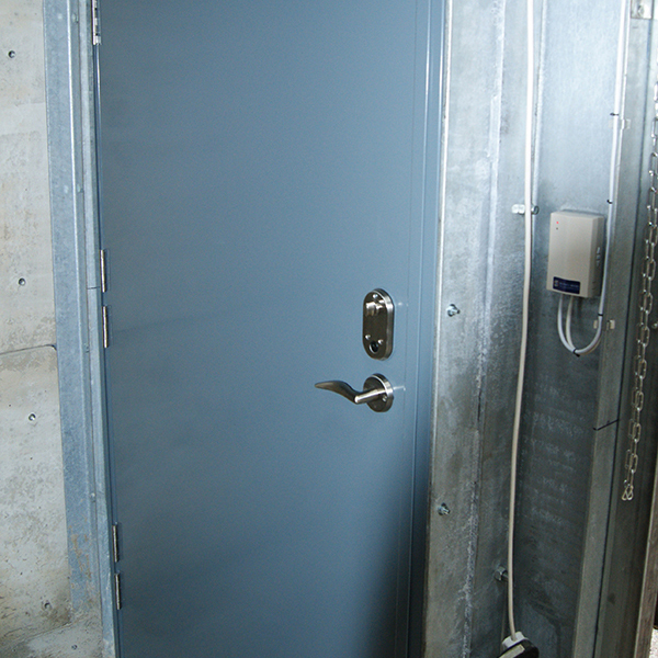 Steel pedestrian door with keypad